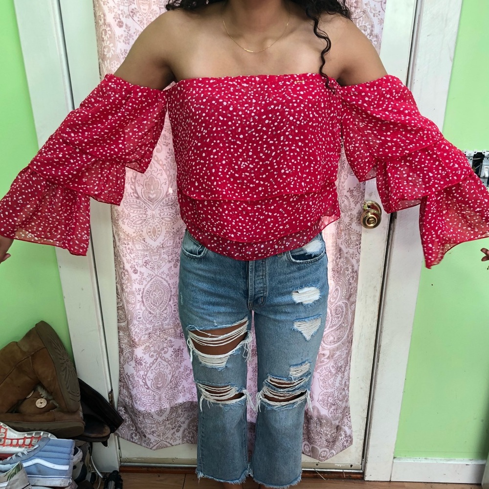 bebe off the shoulder polka dot top